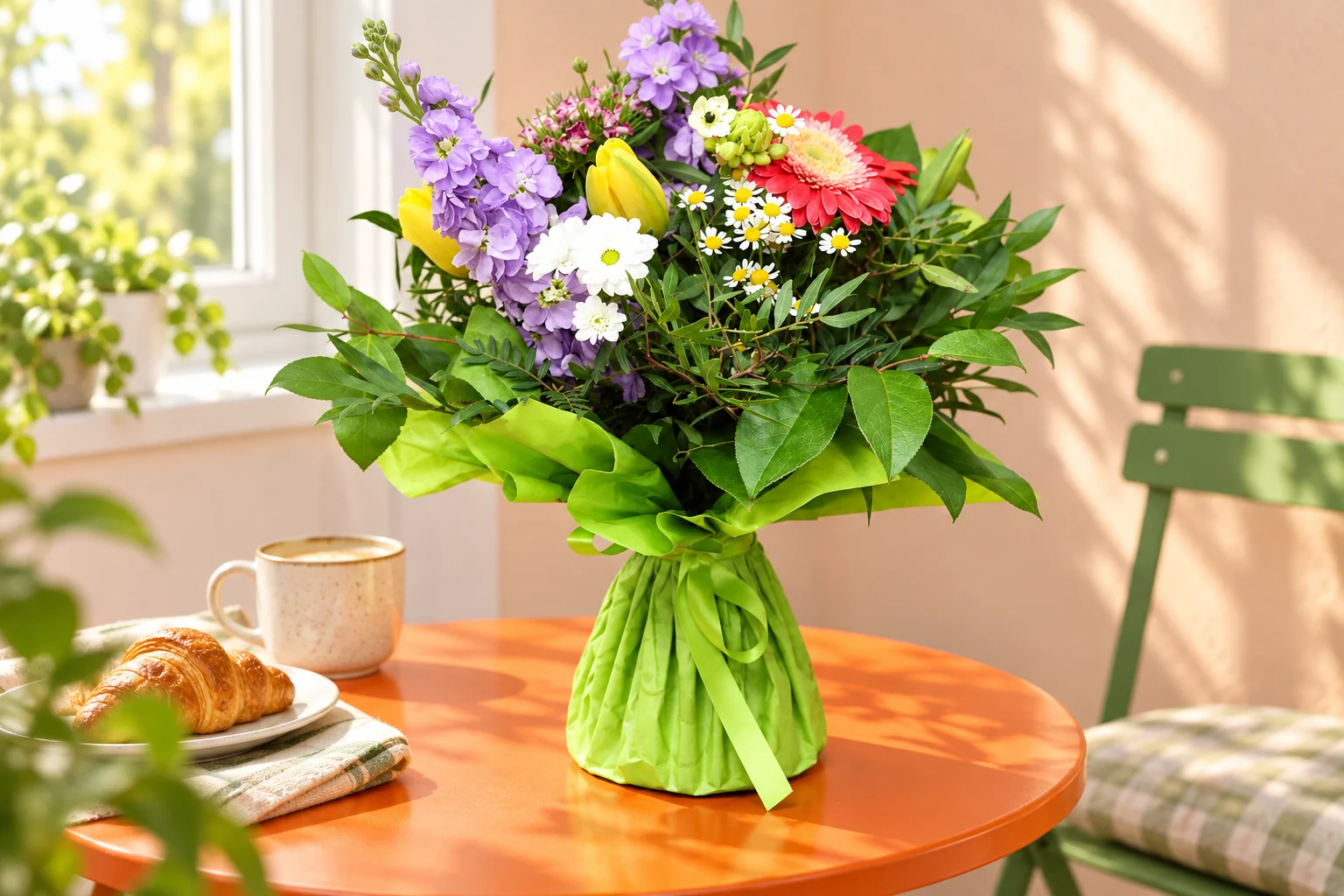 KI-Beispielszene: die grün verpackte Vase mit buntem Strauß auf einem orangefarbenen Frühstückstisch